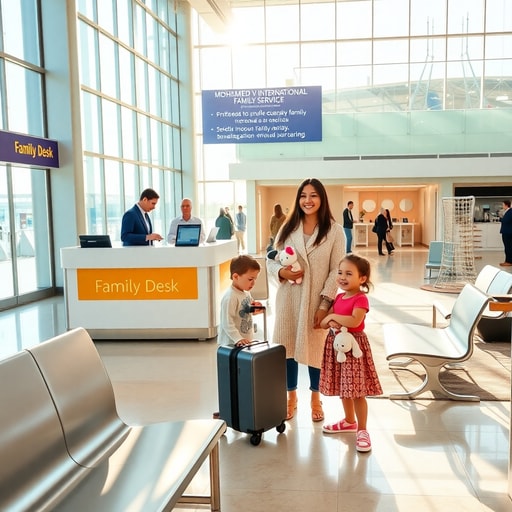 Family Travel at Casablanca Airport: Services & Tips showing parents using a dedicated family check‑in counter and children playing in a bright airport lounge with a kids’ play area