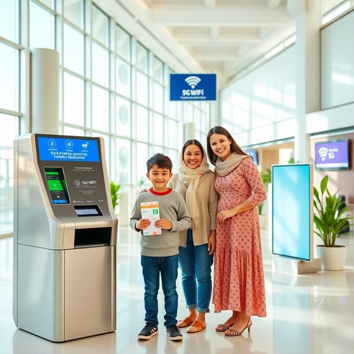 Family using biometric check‑in and priority boarding desk at Casablanca airport