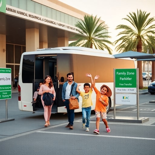 Family Travel at Casablanca Airport: Services & Tips featuring a family boarding a free family shuttle and stroller near the Family Zone parking area