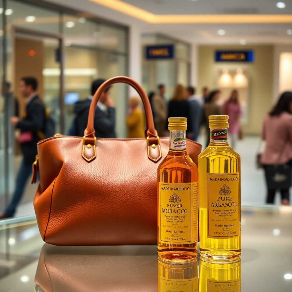 Sélection de cuir marocain certifié et d'huiles d'argan dans les boutiques duty-free de l'aéroport CMN.