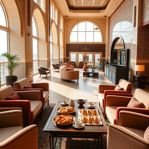 Luxurious family-friendly airport lounge seating area with Moroccan decor and gourmet food