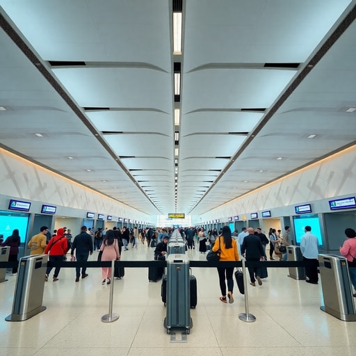 Travelers passing through security control and immigration at Casablanca Airport terminal