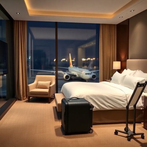 Comfortable interior of a transit hotel room near Casablanca with tarmac view