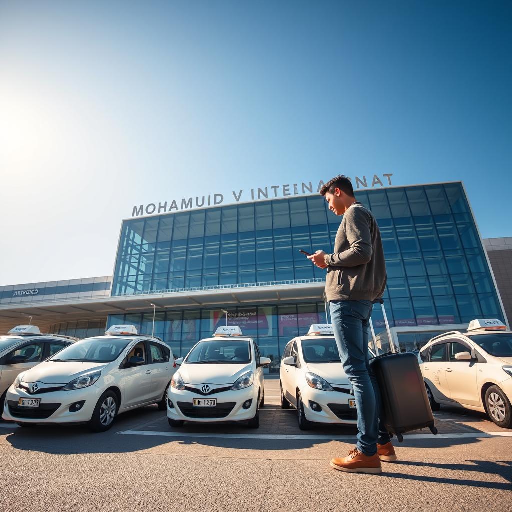 Voyageur arrivant à l'aéroport Mohammed V de Casablanca avec des bagages, consultant une application de transport près des taxis.