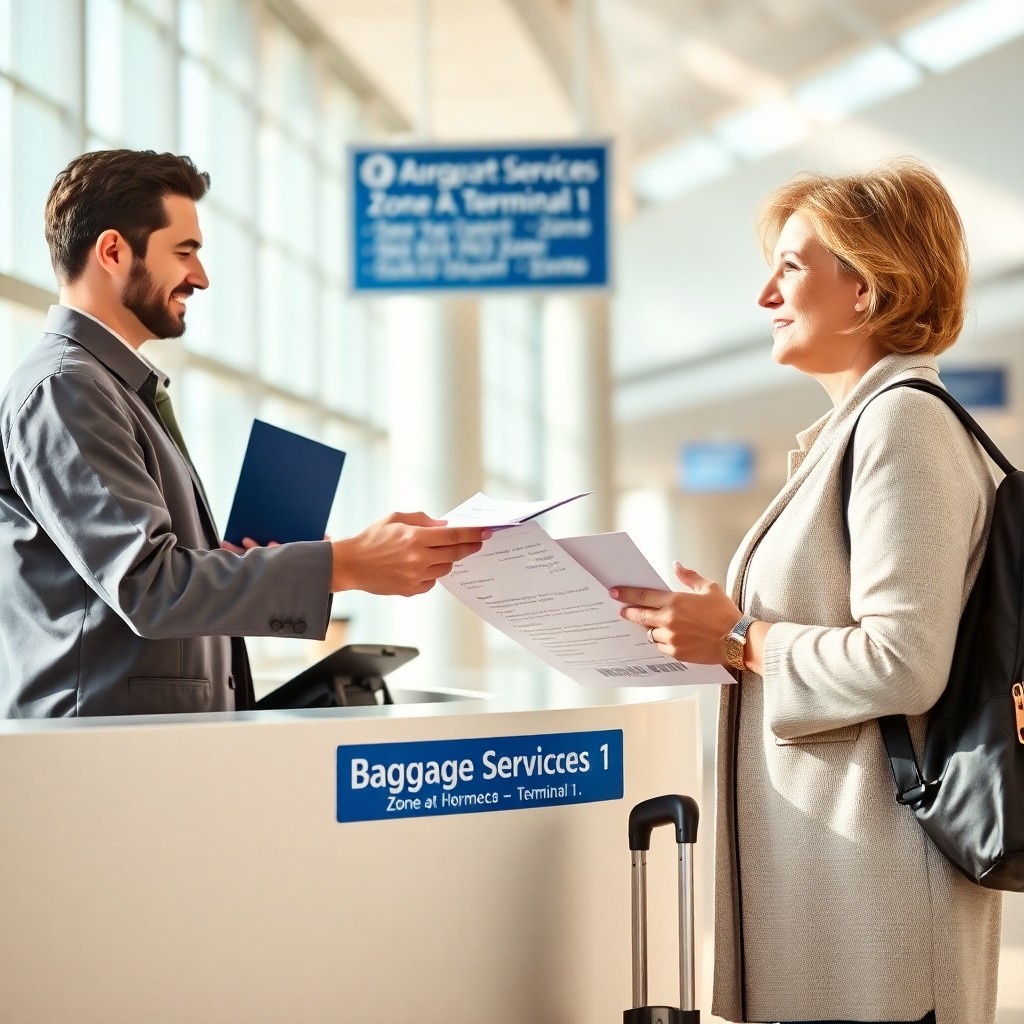 Illustration of the Baggage Services counter at the Mohammed V airport in Casablanca showing a traveler receiving a claim form, demonstrating how to comment récupérer ses bagages perdus à l'aéroport de Casablanca : procédure et contacts