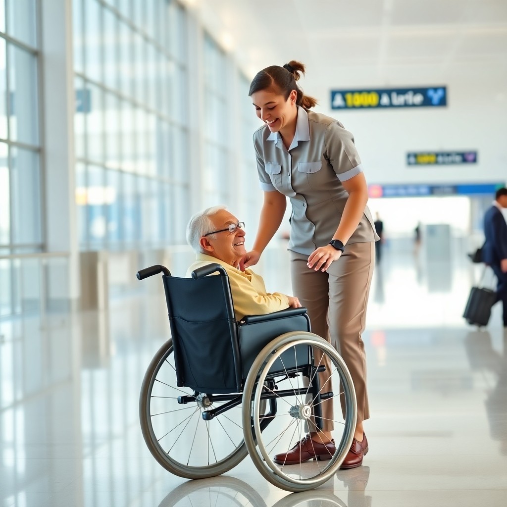Personnel d'assistance aidant un passager en fauteuil roulant dans le cadre des services d'assistance aux personnes à mobilité réduite à l'aéroport CMN.