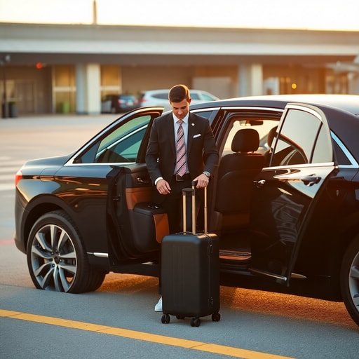 Private chauffeur assisting passenger with luggage at airport terminal