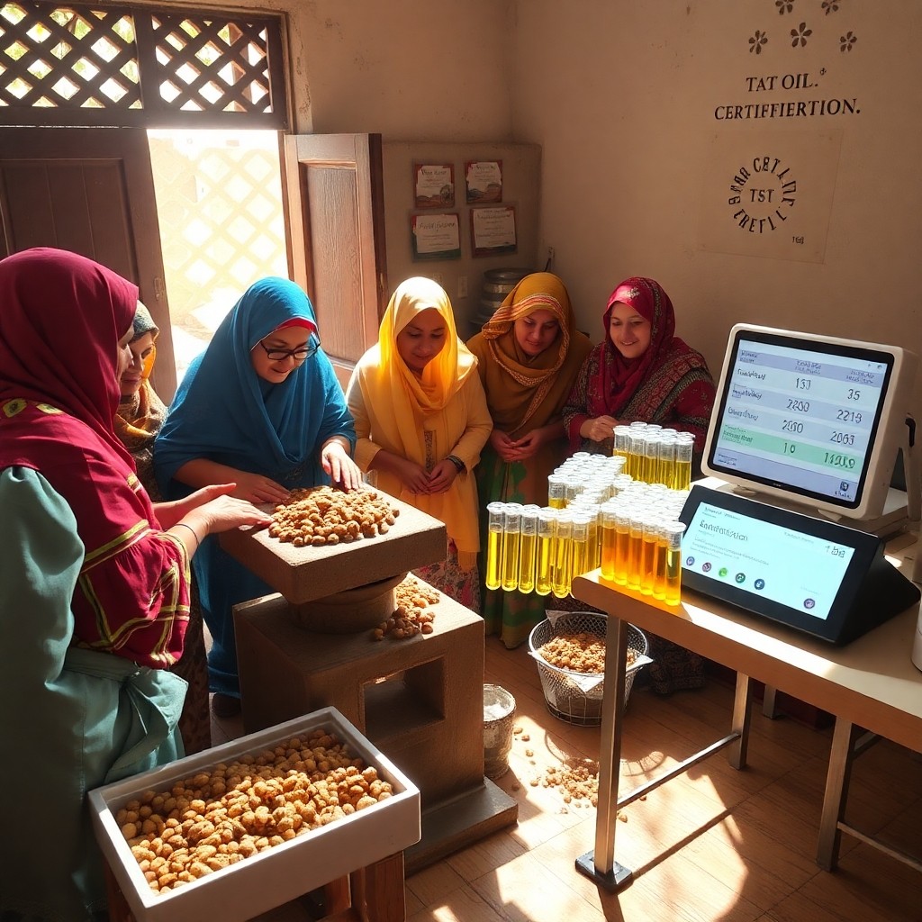 Huile d'Argan : L'Or du Maroc à Emporter – women in a Moroccan cooperative extracting argan oil with traditional press and modern lab equipment, illustrating traceability and sustainable production