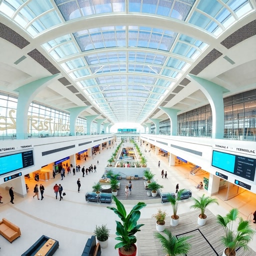 Wide‑angle view of the renovated Terminal 1 concourse at Casablanca‑Mohammed V Airport with bright lighting and modern design