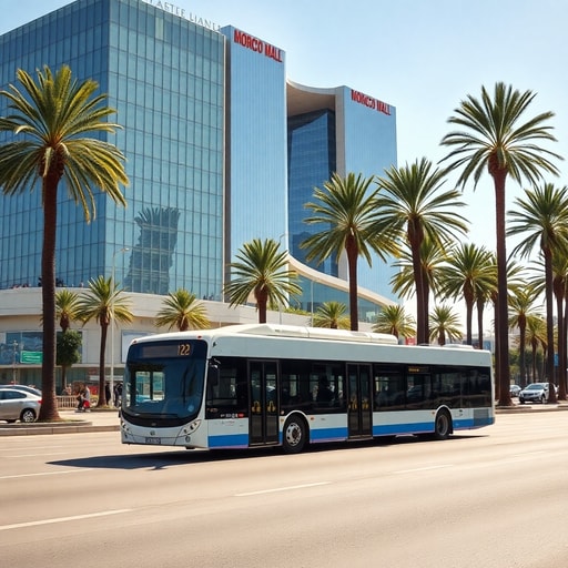 Public bus traveling on Casablanca city road near Morocco Mall