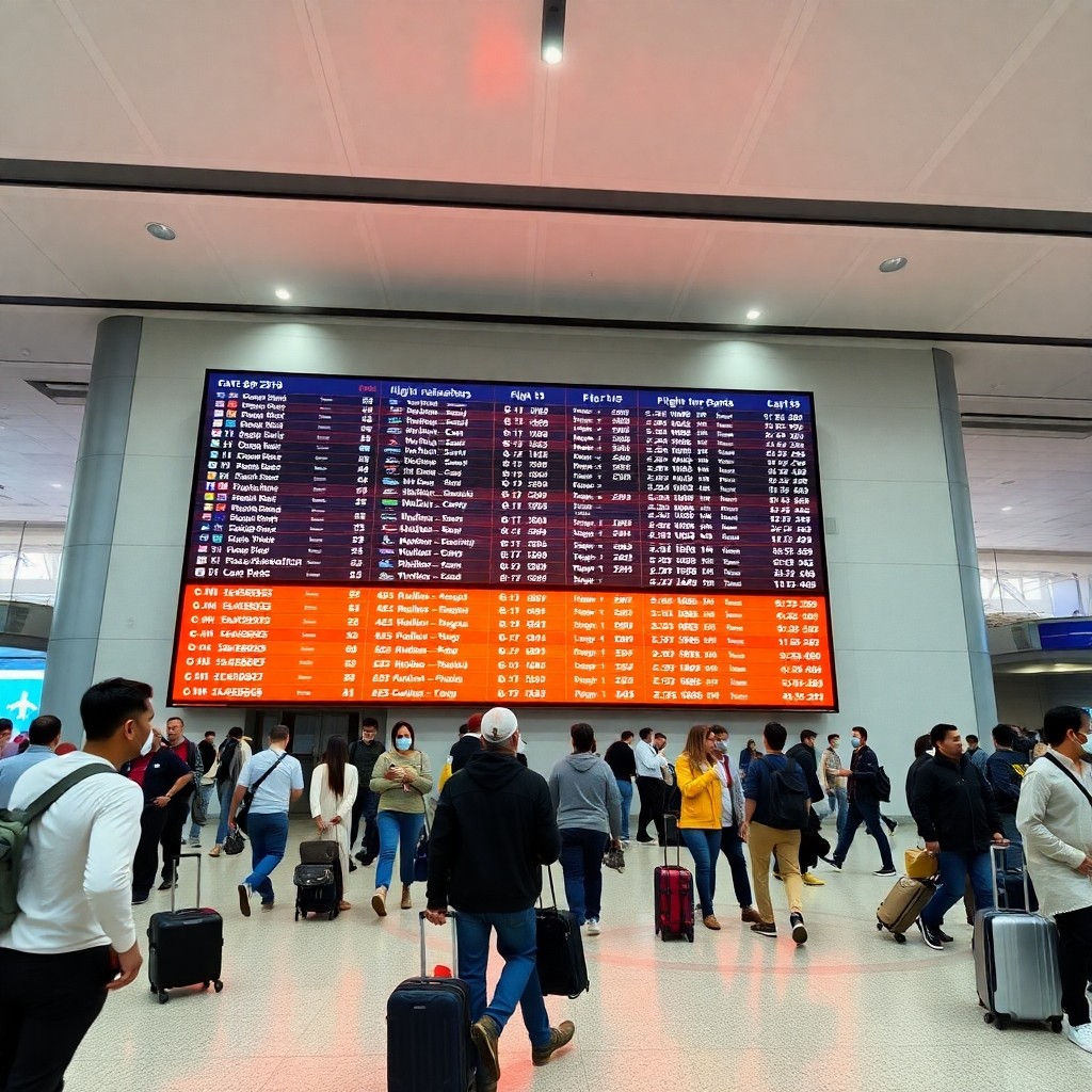 Panneau d'affichage numérique indiquant les horaires des vols internationaux au départ de l'aéroport CMN dans le hall des départs.