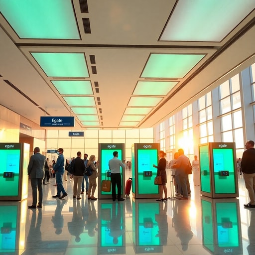 Travelers using biometric e‑gate kiosks in a bright, modern arrivals hall at Casablanca‑Mohammed V Airport