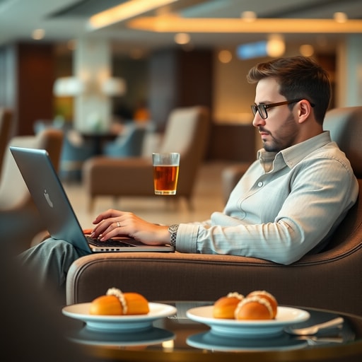 Business traveler working on a laptop and enjoying Moroccan tea in a comfortable airport lounge.