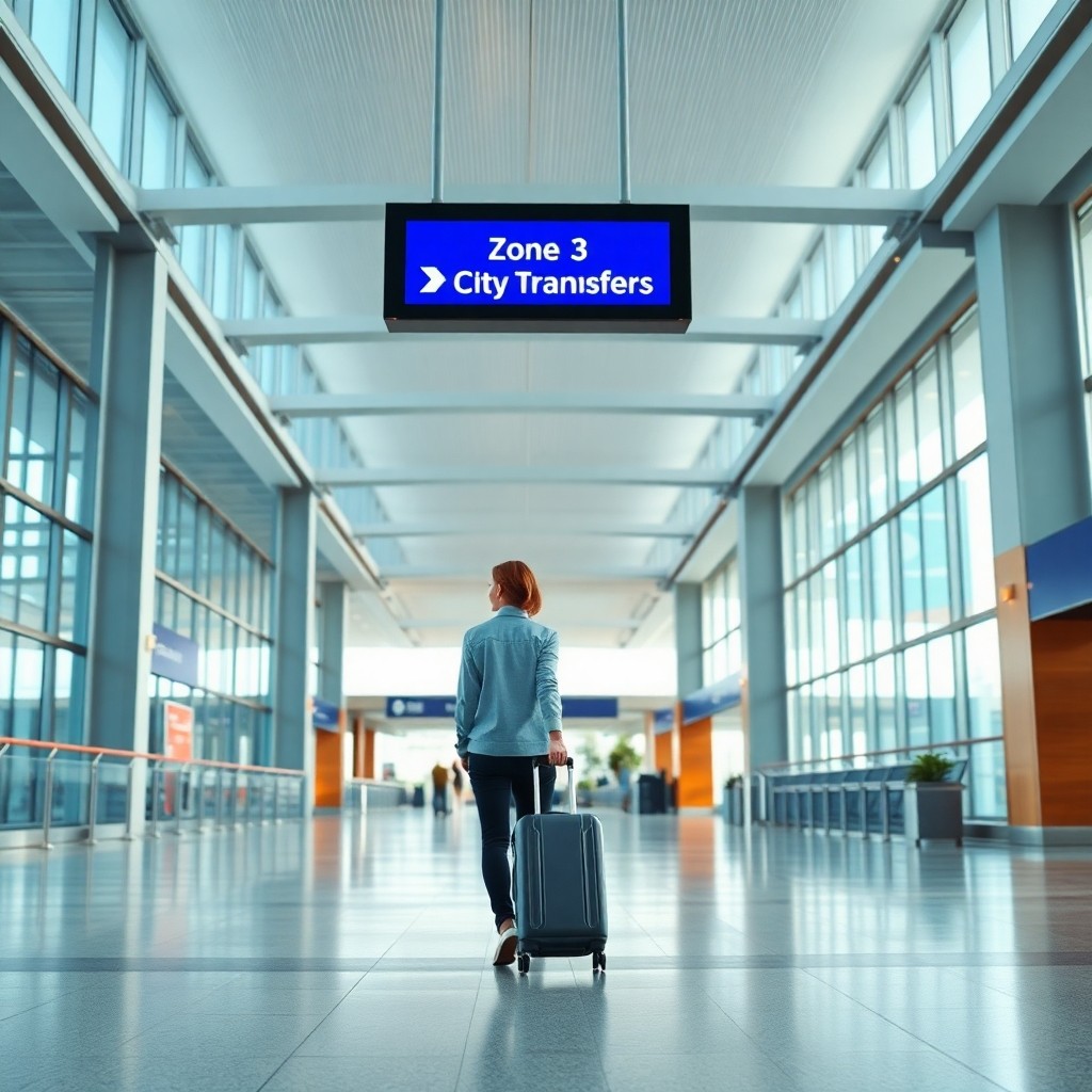 Voyageur dans un terminal suivant les panneaux pour comprendre comment aller de l'aéroport au centre-ville.