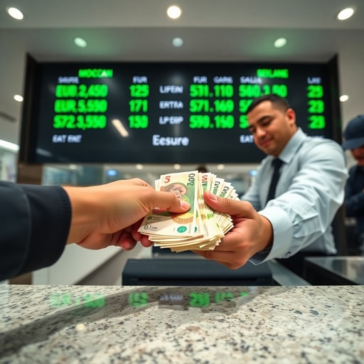 Exchanging foreign currency for Moroccan Dirhams at a bank counter in Casablanca Airport