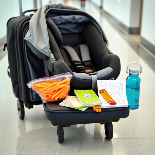 Travel essentials for kids arranged on a luggage trolley at the airport