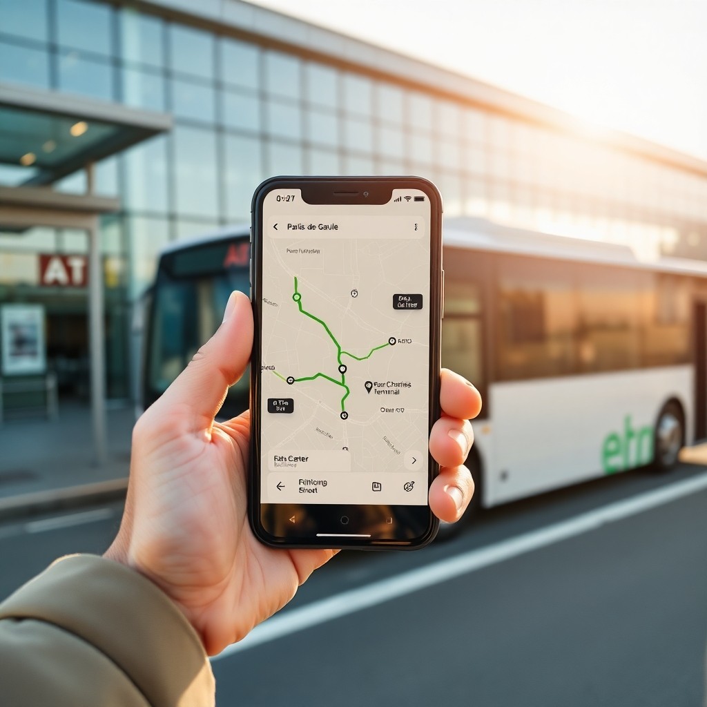 Smartphone affichant un itinéraire de transport pour savoir comment aller de l'aéroport au centre-ville rapidement.