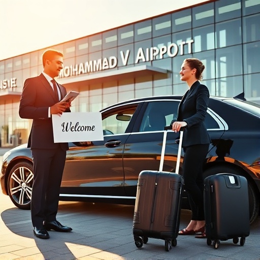 Professional private taxi driver greeting passenger at Mohammed V Airport Casablanca with luxury sedan