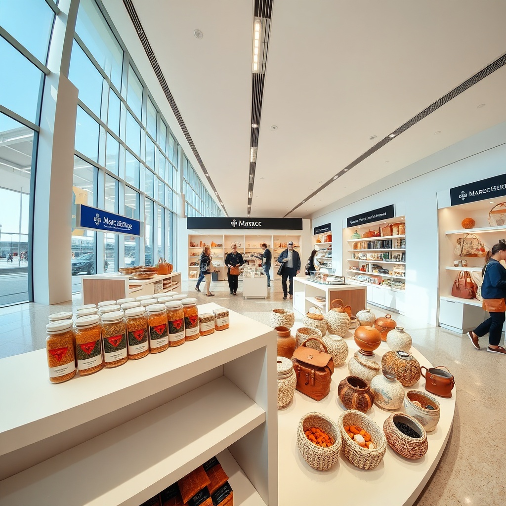 Authentic Moroccan handicrafts and vacuum-sealed spices in a luxury airport duty free shop