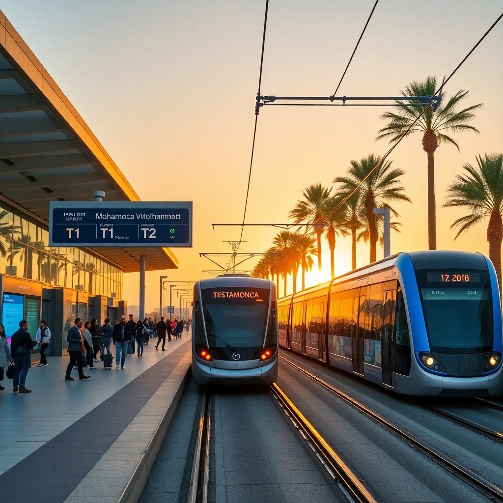 Comment aller de l'aéroport Casablanca au centre-ville : taxis ou tram - Tramway moderne ligne T1 et T2 depuis aéroport Mohammed V vers centre-ville économique