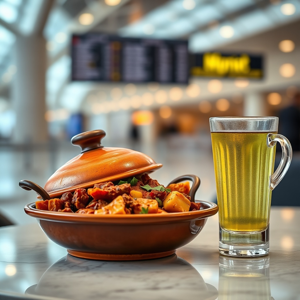 Traditional Moroccan tagine served at restaurants aéroport mohammed v offering halal dining options