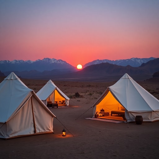 Luxury desert camp tents in Agafay Desert with Atlas Mountains at sunset