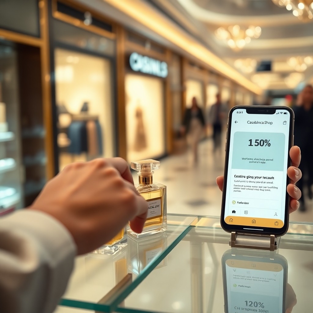 Détail d'un achat de parfum et de l'application mobile pour le shopping à l'aéroport de Casablanca avec offres exclusives.