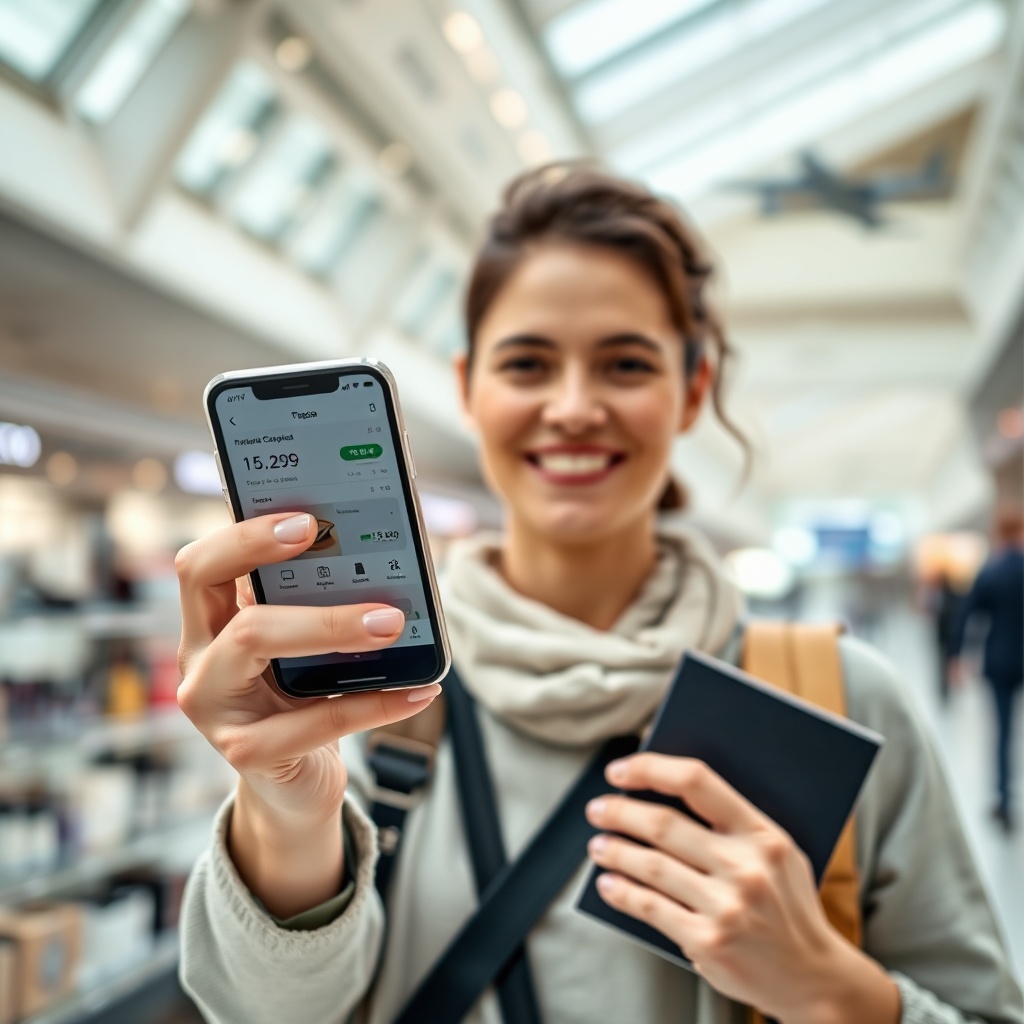 Passenger using a mobile app to compare prices and plan purchases according to the duty free shopping guide at Aéroport Casablanca.