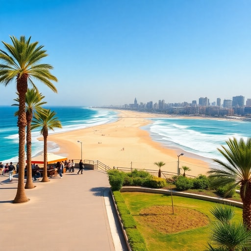 Tourists walking along the Ain Diab Corniche promenade near the beach in Casablanca