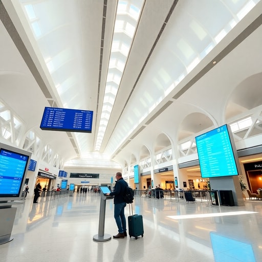 Voyageur au guichet automatique dans le hall du terminal de l'aéroport Casablanca CMN, utilisant les services numériques pour un gain de temps.