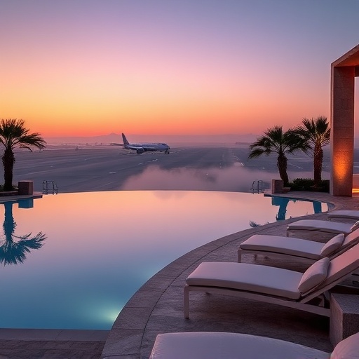Four Seasons Casablanca spa infinity pool at sunset overlooking the airport runway, with luxurious lounge chairs and soft golden lighting