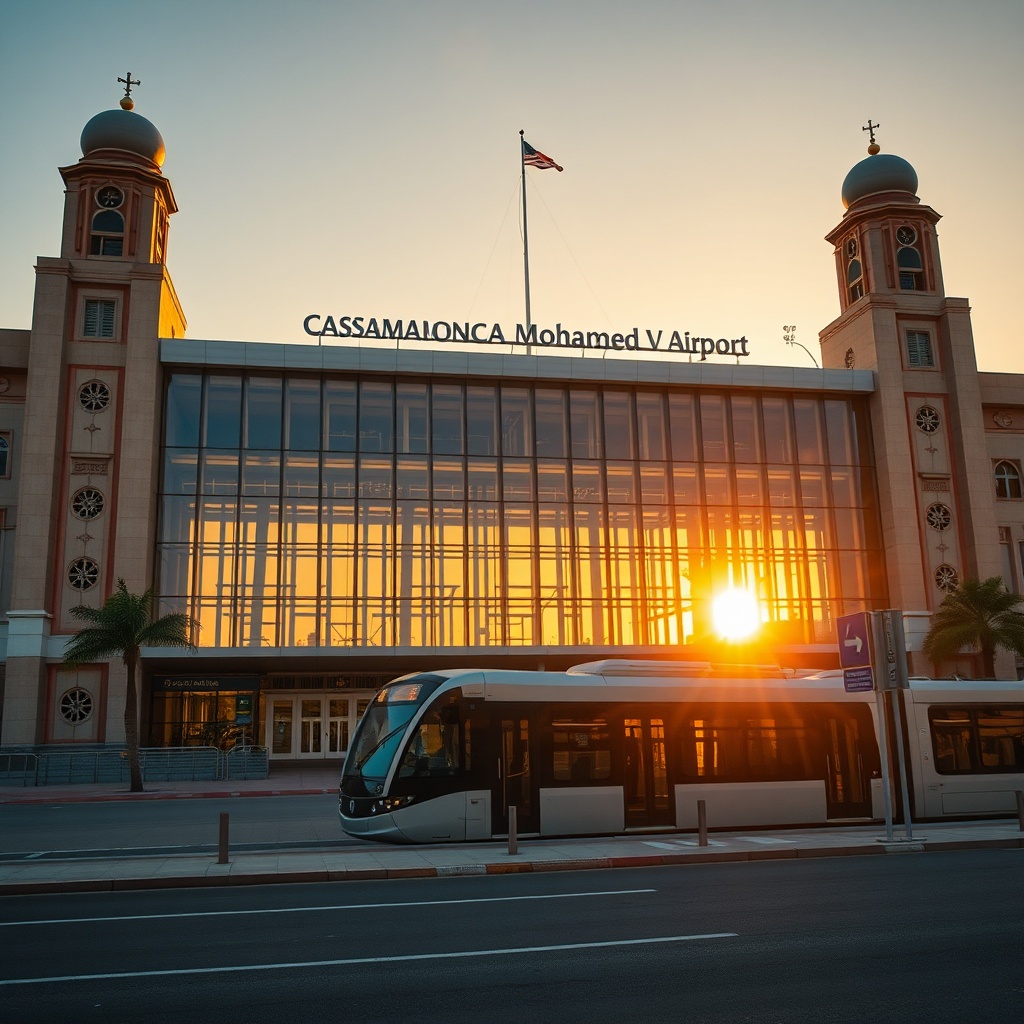 Exterior view of Aéroport Mohammed V CMN featuring modern transport links and architectural design.