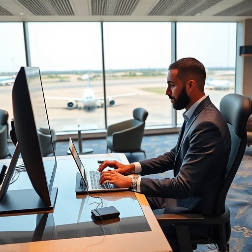 Business traveler working at ergonomic workstation in premium airport lounge at Casablanca Mohammed V