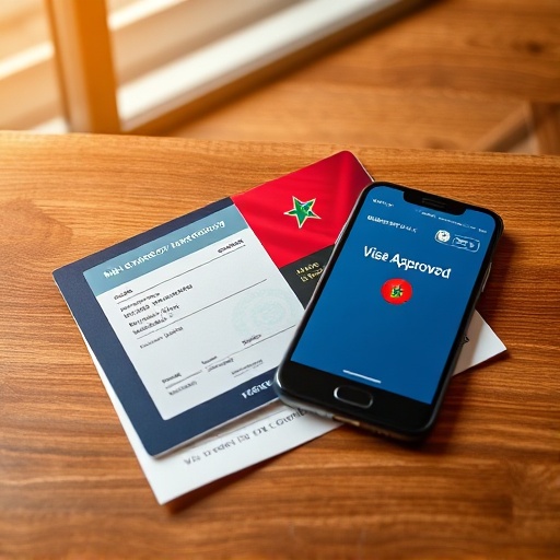Passport and smartphone with eVisa confirmation for Morocco travel