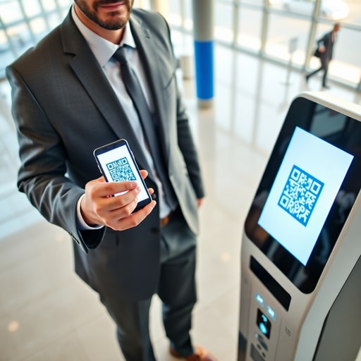 Passenger using self-service check-in kiosk with mobile phone at Casablanca Mohammed V Airport