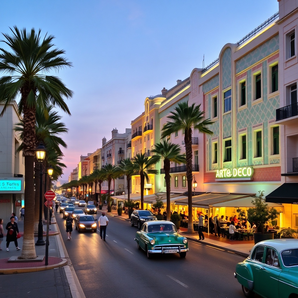 Exploring the illuminated Art Déco district in Casablanca, ideal for a memorable evening during your stopover