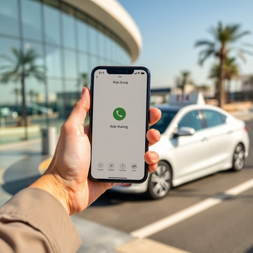 Traveler using smartphone app to book ride-sharing airport transfer