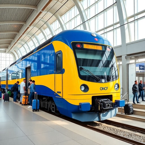 Modern train at Casablanca airport station with passengers boarding