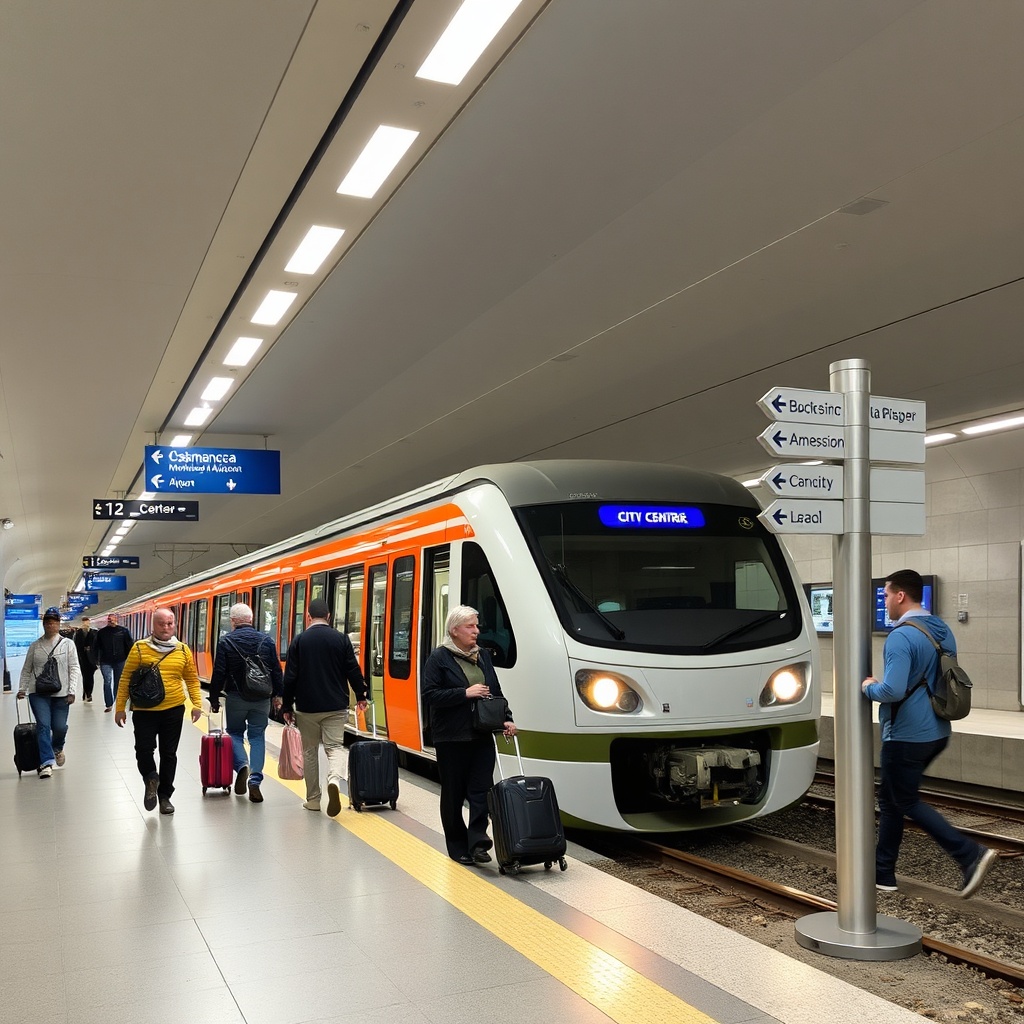 Commuter train waiting at the station for passengers during their arrival at Casablanca airport