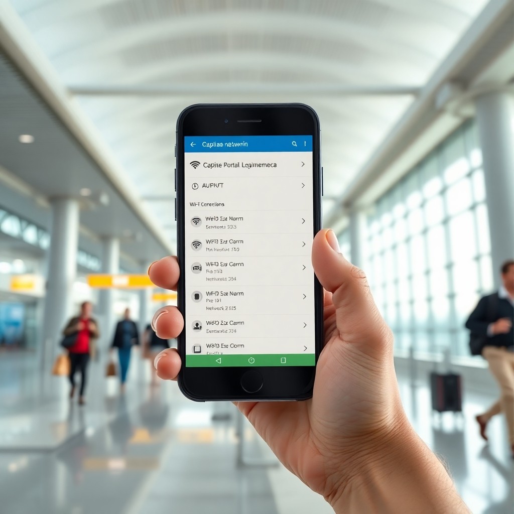 Passager se connectant au Wi-Fi gratuit à l'aéroport de Casablanca sur son smartphone dans le terminal moderne.