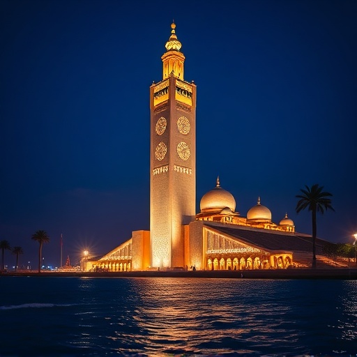 Hassan II Mosque at sunset in Casablanca with illuminated minaret and ocean reflection