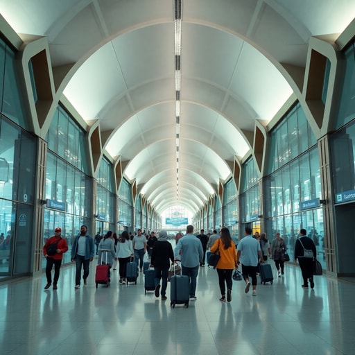 Travelers walking towards security checkpoint at Casablanca airport terminal