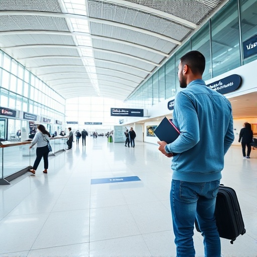Traveler approaching visa counter at Casablanca Mohammed V Airport arrivals hall