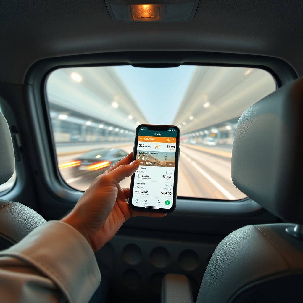 Passenger checking Navette Aéroport Casablanca schedules and fares on smartphone inside the vehicle
