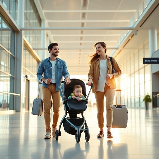 Family using stroller rental service at Casablanca airport terminal