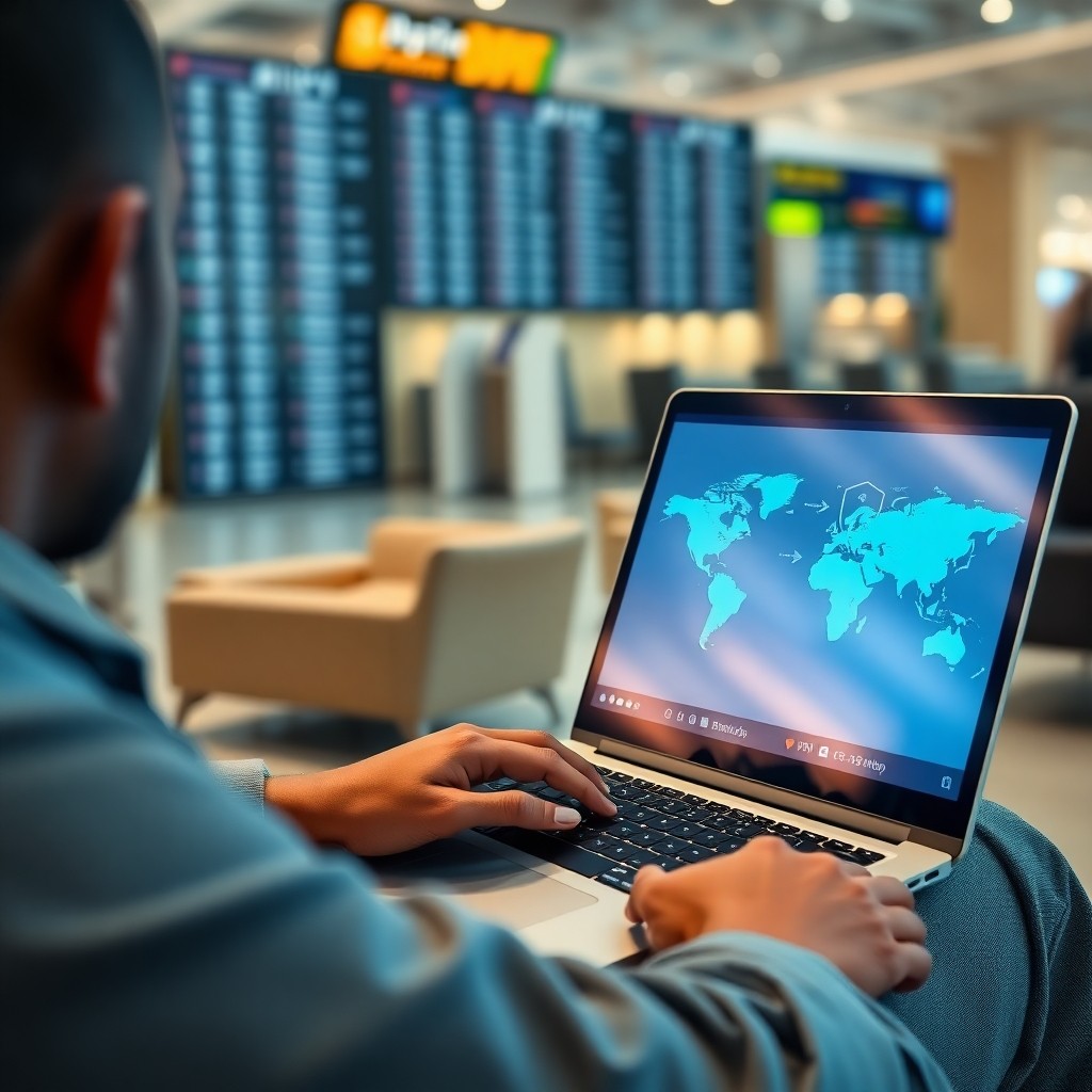 Astuces de sécurité pour naviguer avec le Wi-Fi gratuit à l'aéroport de Casablanca via un VPN sur ordinateur portable.