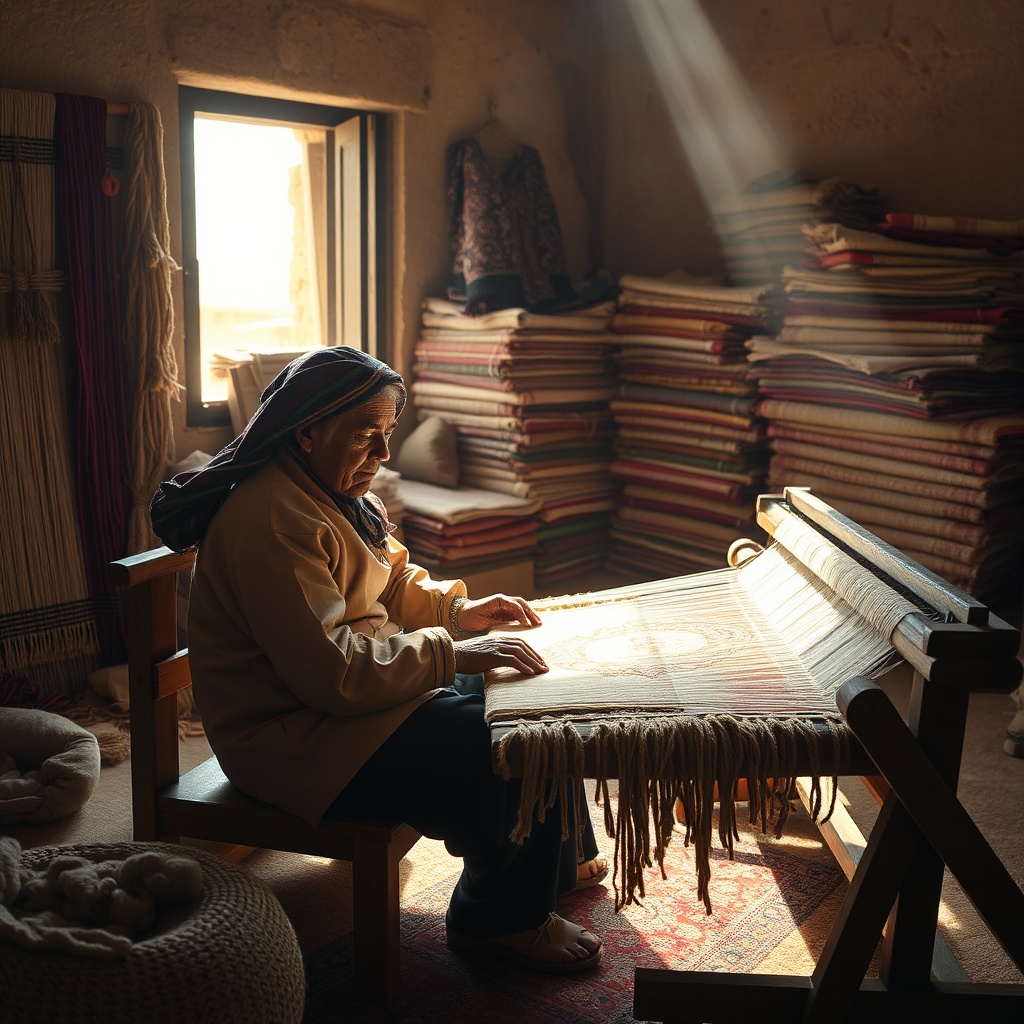Artisan marocain tissant un tapis traditionnel, illustrant l'achat de souvenirs authentiques et durables au Maroc.