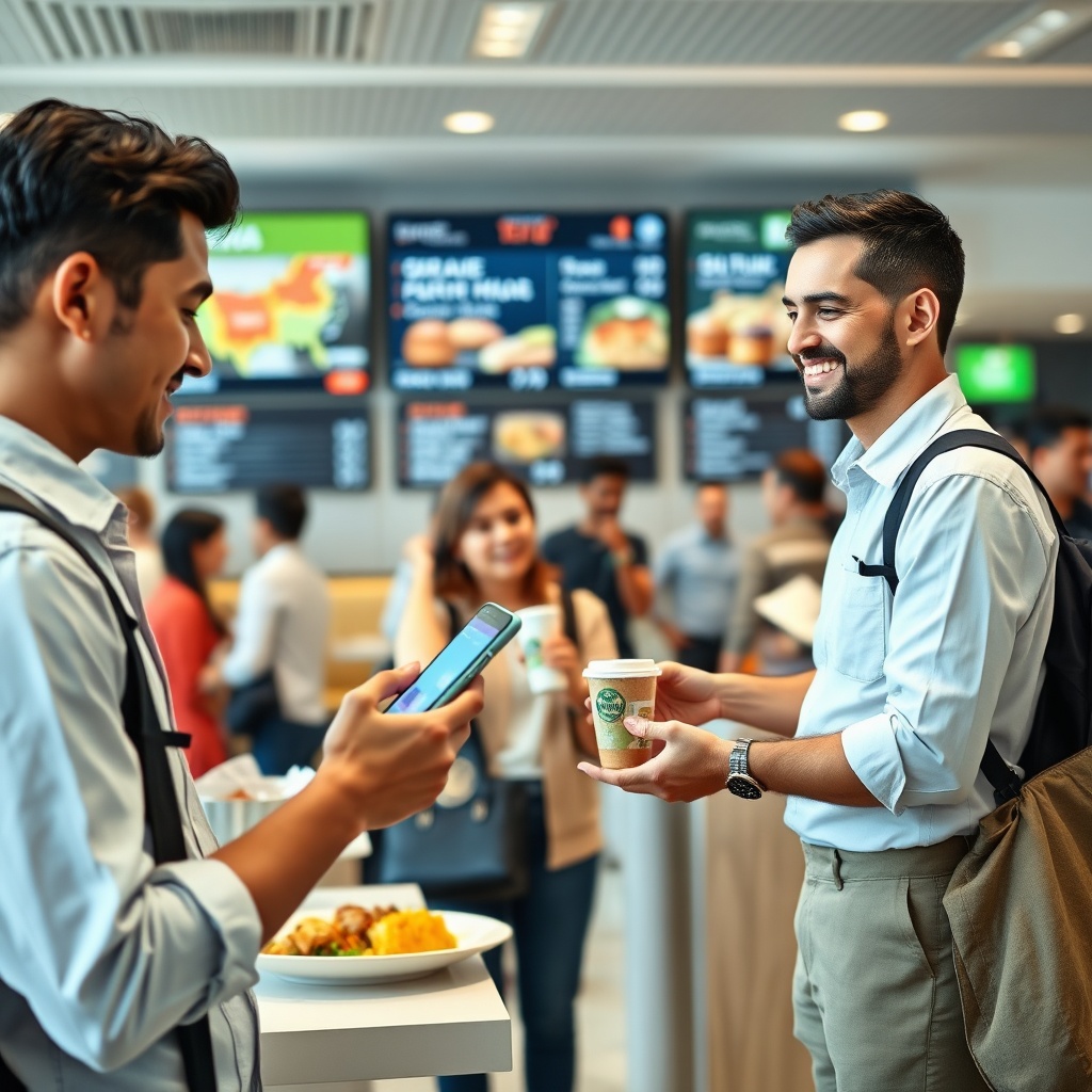 Voyageurs utilisant une application mobile pour commander de la nourriture dans le terminal, illustrant où manger à l'aéroport de Casablanca.