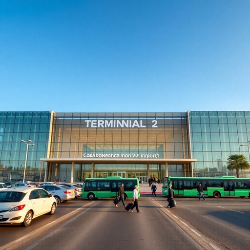 Exterior view of Casablanca Mohammed V Airport Terminal 2 building with transport access