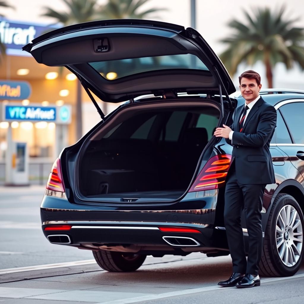 Chauffeur de VTC professionnel ouvrant le coffre d'une voiture privée pour un passager à l'aéroport de Casablanca.